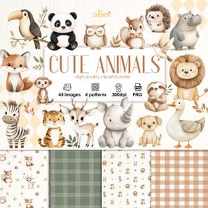 Clipart di cuccioli di animali da safari ad acquerello, pacchetto di animali carini, arte per bambini, download digitale, uso commerciale, progetti per baby shower