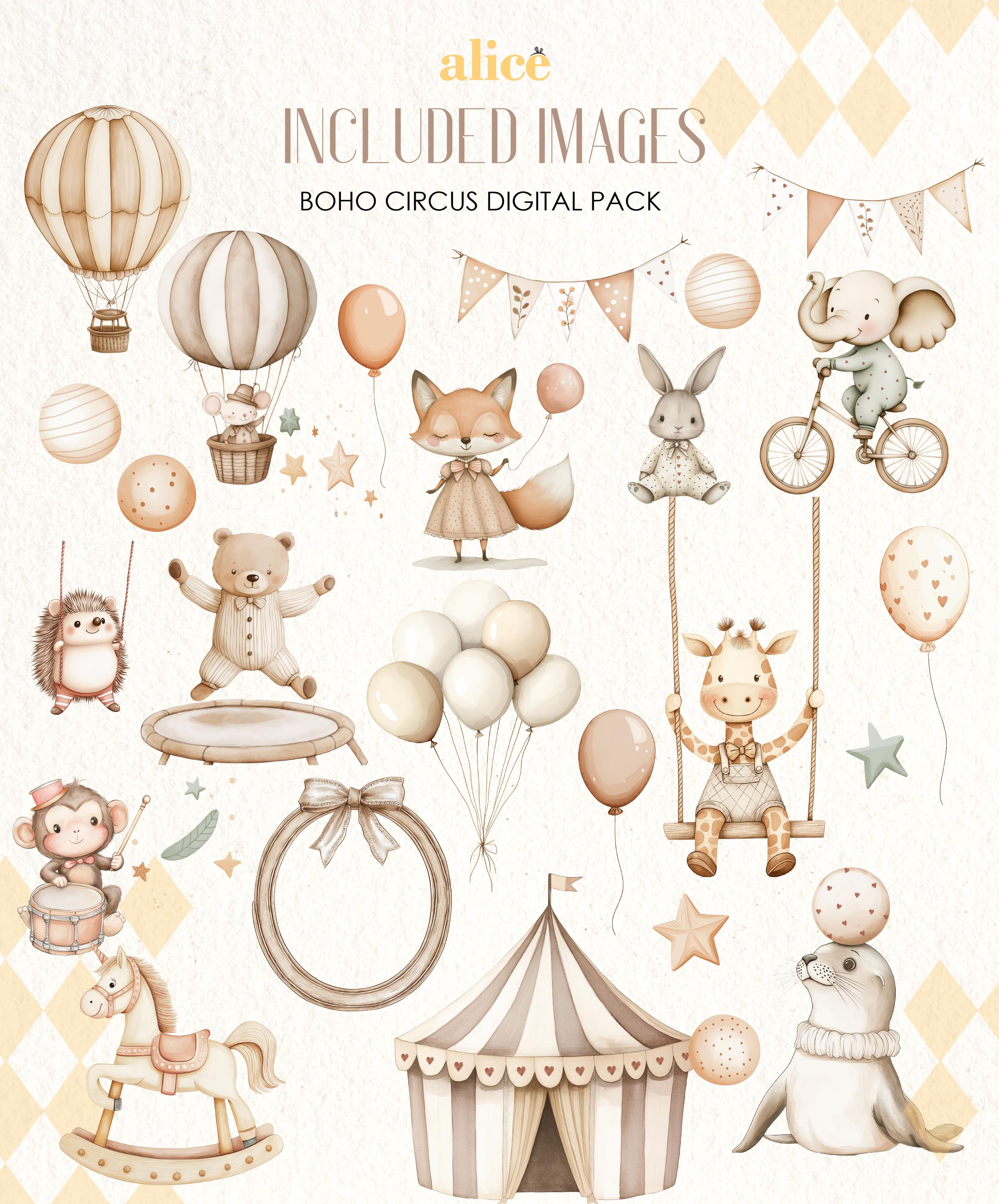 Boho Circus Clipart, Watercolor Animals PNG, Baby Animals, Baby Shower ...
