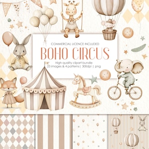 Boho Circus Clipart, Watercolor Animals PNG, Baby Animals, Baby Shower Invitation, Scrapbooking, Nursery Decor, Clipart bundle