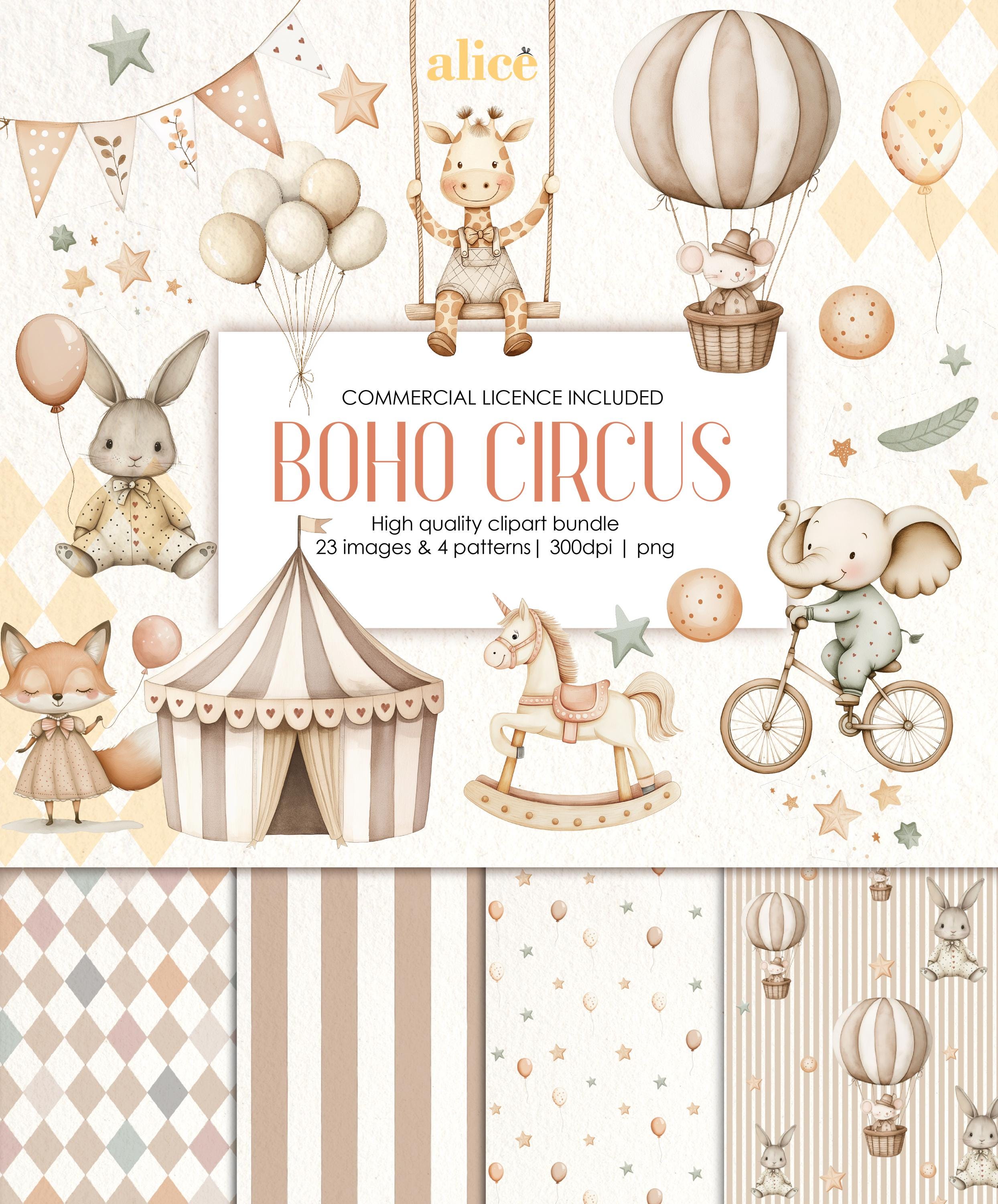 Boho Circus Clipart, Watercolor Animals PNG, Baby Animals, Baby Shower ...