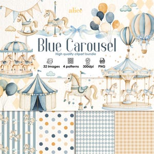 Baby png carousel clipart, cute nursery art, digital download for baby shower, watercolor pony graphics
