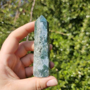 Moss Agate Tower, Point – Genuine Natural Mineral Collectible
