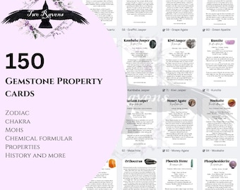 150 kristallbetydelseskort – Utskrivbart ädelstensinformationsset i PDF-format med chakra och stjärntecken