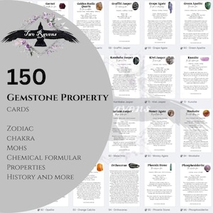 Tarjetas imprimibles de propiedades de piedras preciosas, 150 PDF con información sobre cristales, chakras, zodíaco e historia.