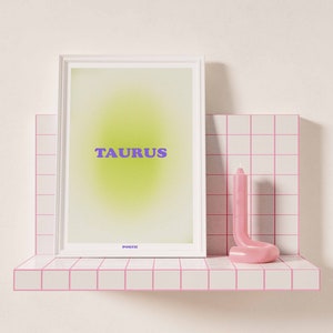 Lime green aura glow background with "Taurus" in purple in the center