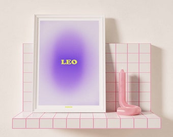 Cartel de aura púrpura de Leo, impresión de arte de aura degradada, arte Leo, astrología, signo de estrella, impresión de arte de pared, cartel digital, imprimible