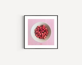 Kitchen Wall Art, Pink Bowl of Cherries Poster, Print Cherry Wall Art, Mid Century Modern