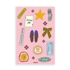 May include: A pink grid-patterned print featuring various illustrations. Includes a bandage with "it still hurts", a playing card, a star with "YOU'RE A STAR", a flip phone, a tube of "EADEM", blue shoes, a bow, a ticket, a passion fruit, and a "$100 SPECIAL" badge.