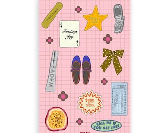 May include: A pink grid-patterned print with illustrations including a bandage with "it still hurts", a playing card, a star with "YOU'RE A STAR", a flip phone, a tube of "EADEM", blue shoes, a bow, a ticket, a passion fruit, and a "$100 SPECIAL" badge.