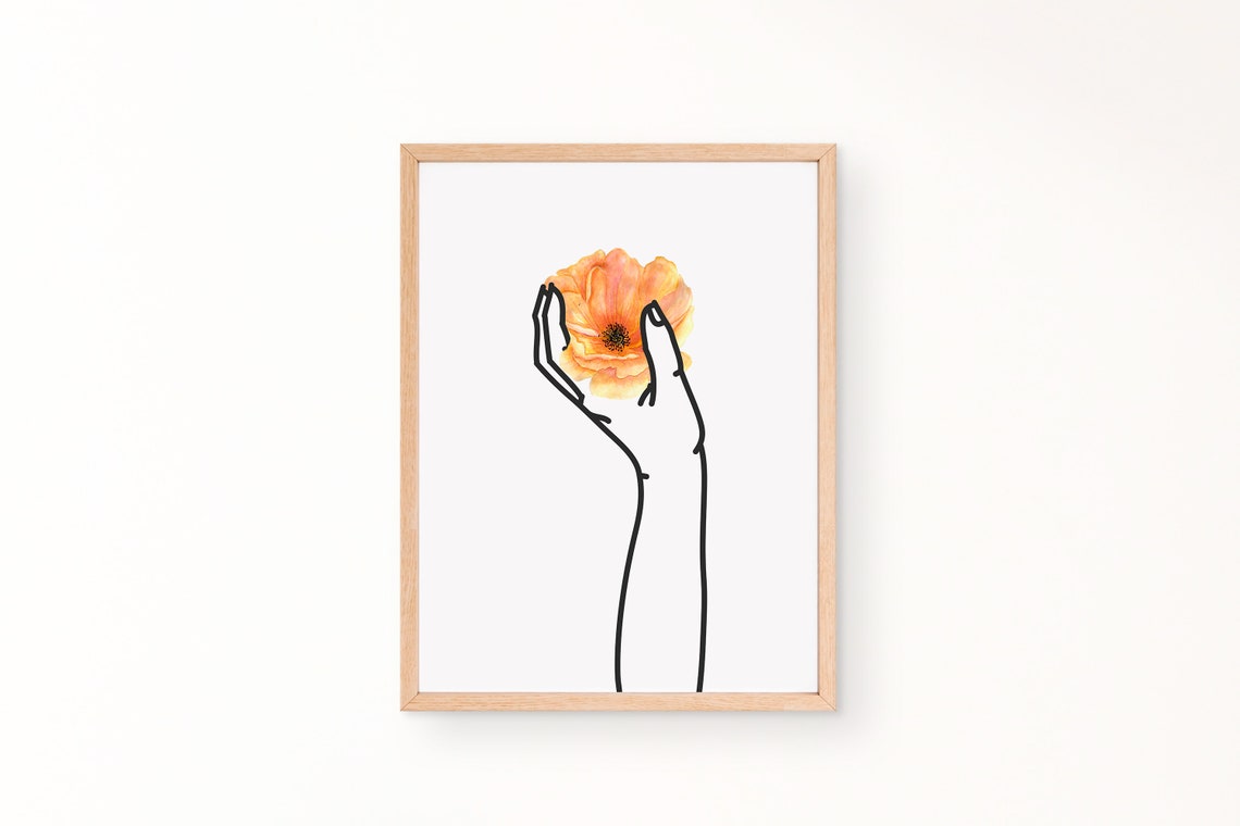 Set of 3 Watercolor Hand Line Art Print Hand With Flower Etsy