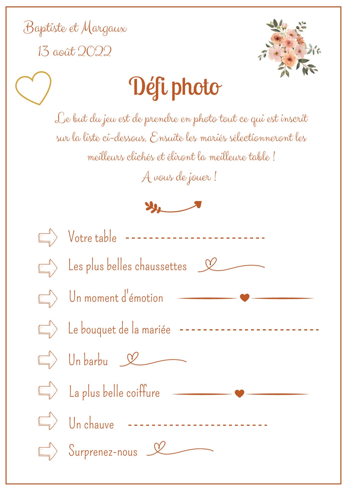 Jeu mariage défi photo Etsy France