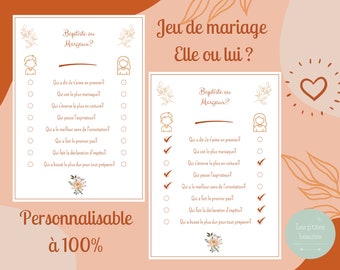 Jeu mariage elle ou lui personnalisable à imprimer