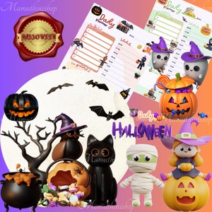 Può includere: Pianificatore giornaliero stampabile a tema Halloween con un elenco di cose da fare e un programma. Il pianificatore presenta un gatto nero, una zucca, una strega e una mummia. Il testo "Pianificatore giornaliero" e "Halloween" è visibile sul pianificatore.