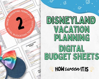 May include: Two digital printable Excel budgeting templates for planning a Disneyland vacation. The templates are labeled "Food & Beverages" and "Disneyland Vacation Budget". The image also includes a rainbow-colored Minnie Mouse headband.