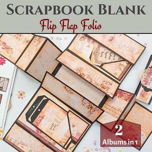 Könnte beinhalten: Ein Scrapbook-Rohling mit dem Text "SCRAPBOOK BLANK Flip Flap Folio". Das offene Folio zeigt ein Vintage-Blumenmuster mit mehreren Taschen und Einsätzen. Der Text "2 Albums in 1" ist ebenfalls sichtbar.