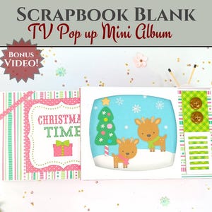 May include: A scrapbook blank mini album with a TV pop-up design. The album features a Christmas theme with a cover that says "Christmas Time" and a pop-up scene with deer and a Christmas tree. Includes a bonus video.