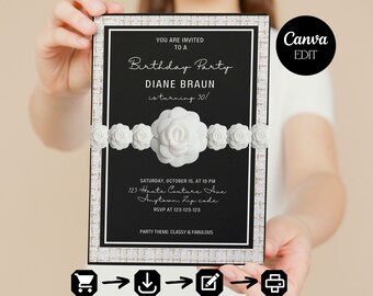 Designer Couture Boucle Birthday Party Invitation Template, Camellia Flower Invitation, Instant Download, Fully Editable Template, Printable