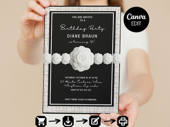 Designer Couture Boucle Birthday Party Invitation Template, Camellia Flower Invitation, Instant Download, Fully Editable Template, Printable