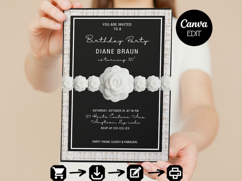 May include: Black and white birthday party invitation with a white floral design. The invitation reads "You are invited to a Birthday Party, Diane Braun is turning 30!"  The invitation includes the date, time, address, and RSVP information. The party theme is "Classy & Fabulous".