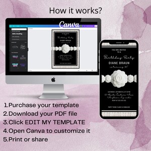 May include: A black and white birthday party invitation template with white roses and the text "You are invited to a Birthday Party Diane Braun turning 30". The template is shown on a computer screen and a smartphone. The text "How it works? Canva" is at the top of the image.