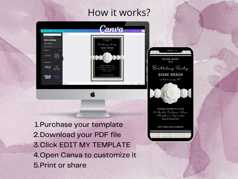 May include: A black and white birthday party invitation template with white roses and the text "You are invited to a Birthday Party Diane Braun turning 30". The template is shown on a computer screen and a smartphone. The text "How it works? Canva" is at the top of the image.