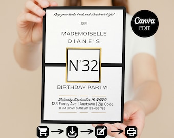 May include: A black and white birthday party invitation with gold accents. The invitation features the text "Mademoiselle Diane's N°32 Birthday Party!" and details for the party, including the date, time, and location.