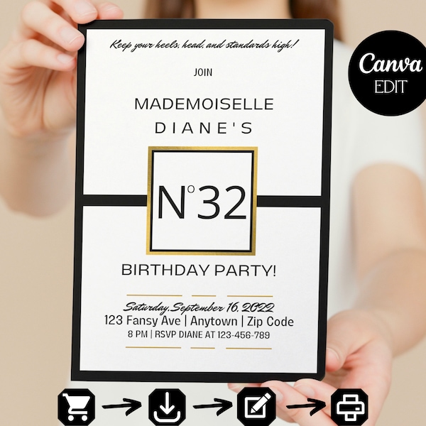 Designer Couture Birthday Invitation Template, Classy and Fabulous, Paris Theme Invite, Editable Invitation, Instant Download, Printable