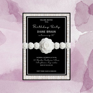 May include: Black and white birthday party invitation with a gold border. The invitation features a white camellia flower and the text "You are invited to a Birthday Party Diane Braun is turning 30!"