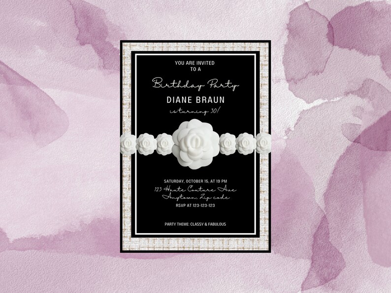 May include: Black and white birthday party invitation with a gold border. The invitation features a white camellia flower and the text "You are invited to a Birthday Party Diane Braun is turning 30!"