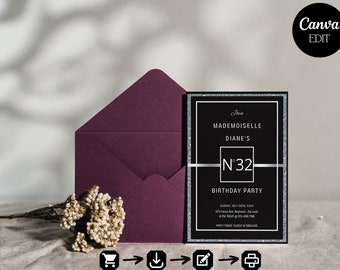 May include: A black and silver birthday party invitation with the text "Join Mademoiselle Diane's N°32 Birthday Party" and details for the party. The invitation is on a glittery background.