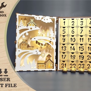 Wooden Book Advent Calendar – Laser files, Christmas scene advent calendar. Wooden countdown advent. SVG, CDR, DXF and other formats