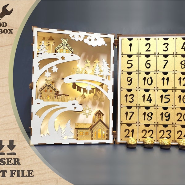 Holzbuch Adventskalender – Laser Dateien, Adventskalender Adventskalender. Countdown Adventszeit aus Holz. SVG, CDR, DXF und andere Formate