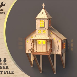 May include: A wooden model of a church with a cross on top, lit windows, and a small tree on each side. The church is on stilts and appears to be floating in the air. The model is made of laser-cut wood and is ready to be assembled.