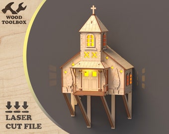 Wall hanging house - model of a medieval church- laser cut file. 3d SVG building / Wooden church DXF / Prayer House CDR / vector plans cnc