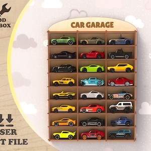 May include: Wooden car garage display shelf with multiple shelves holding a collection of toy cars in various colors. The top of the shelf reads "CAR GARAGE". The left side of the image has the text "WOOD TOOLBOX" and "LASER CUT FILE".