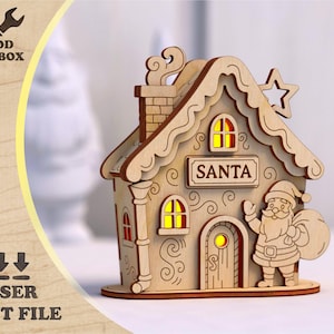Santa House Light Box SVG – Laser Cut Christmas File, DIY Wooden Xmas Decor, Night Light for Glowforge, Santa Claus 3mm Wood Pattern