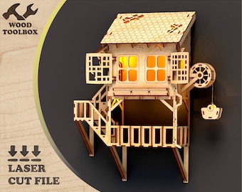 Hängendes Haus mit Lichtern - Wanddeko - Lasercut-Dateien SVG PDF DXF Download Muster - Laser Cut Cnc Dateien - Miniatur Modell Holzhaus