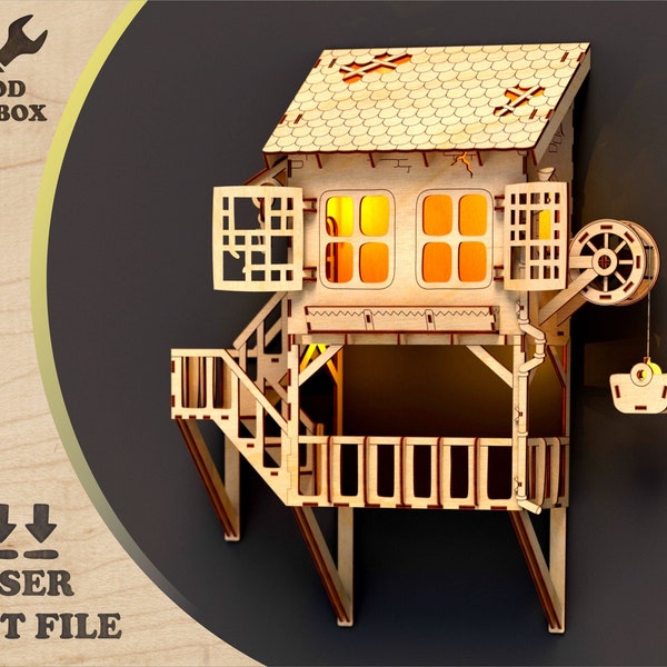 Hängendes Haus mit Lichtern - Wanddeko - Lasercut-Dateien SVG PDF DXF Download Muster - Laser Cut Cnc Dateien - Miniatur Modell Holzhaus