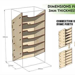 Puede incluir: Diagrama que muestra las dimensiones y el montaje de una unidad de estanter&iacute;a de madera. La unidad tiene 304 mm de alto, 117 mm de ancho y 146 mm de profundidad. La unidad de estanter&iacute;a tiene seis estantes y est&aacute; dise&ntilde;ada para ser ensamblada con un material de 3 mm de espesor. El diagrama incluye texto que dice "DIMENSIONES PARA 3MM DE ESPESOR" y "CONEXI&Oacute;N DE ALGUNAS PARTES".