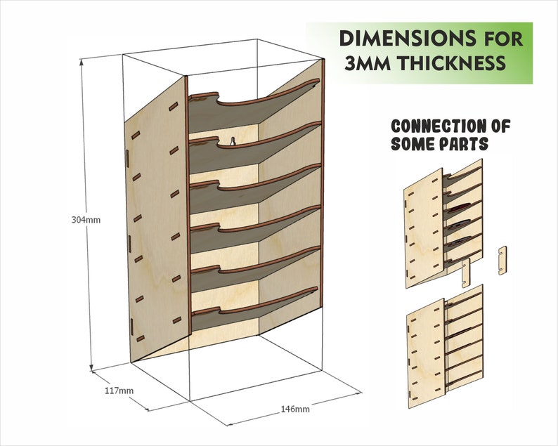 Puede incluir: Diagrama que muestra las dimensiones y el montaje de una unidad de estanter&iacute;a de madera. La unidad tiene 304 mm de alto, 117 mm de ancho y 146 mm de profundidad. La unidad de estanter&iacute;a tiene seis estantes y est&aacute; dise&ntilde;ada para ser ensamblada con un material de 3 mm de espesor. El diagrama incluye texto que dice "DIMENSIONES PARA 3MM DE ESPESOR" y "CONEXI&Oacute;N DE ALGUNAS PARTES".