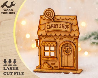 Arquivo SVG para corte a laser de casa de loja de doces, decoração de Natal, molde de madeira para o Natal, decoração de vila natalina, arquivo SVG para Glowforge xTool