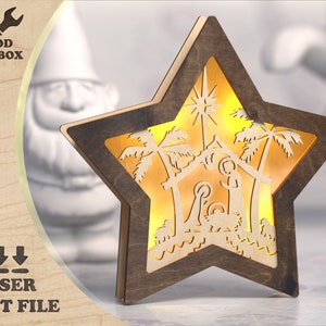 Christmas Star Lightbox SVG | Szablon drewnianej lampki nocnej | Wycinana laserowo dekoracja świąteczna | Prezent na Nowy Rok DIY | Świąteczna latarnia