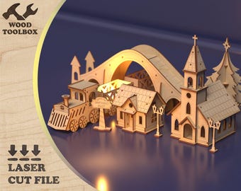 Christmas Town Laser Cut File – Wooden Village Scene with Train, Church & Houses SVG, DIY Holiday Light Box, Glowforge Project