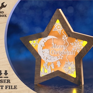Étoile 3D Lightbox SVG | veilleuse de Noël | Décoration des Fêtes découpée au laser | Modèle de lampe en bois | Cadeau pour le Nouvel An
