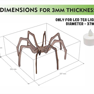 Peut inclure: D&eacute;coration d'araign&eacute;e en bois avec des dimensions de 29,1 cm x 28,7 cm x 11,9 cm pour une &eacute;paisseur de 3 mm. Con&ccedil;u pour une bougie chauffe-plat LED de 3,7 cm de diam&egrave;tre. Le texte "DIMENSIONS FOR 3MM THICKNESS" est inclus.