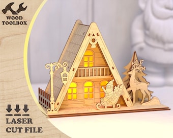 Laser Cut Christmas House SVG | A-Frame Cabin Light-Up Xmas Decor File | Santa & Reindeer Scene | DIY Wooden Holiday Decor Template