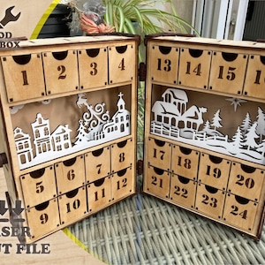 Calendario de Adviento de Navidad en forma de libro – Corte láser – SVG, DXF, AI – Patrón de diseño navideño – Cuenta regresiva navideña – Plantilla digital navideña