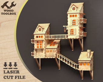 Hanging House with lights - laser cut files. Miniature tree house, Wooden model house kits dxf cut, MDF 3d buildings, SVG Ai CDR