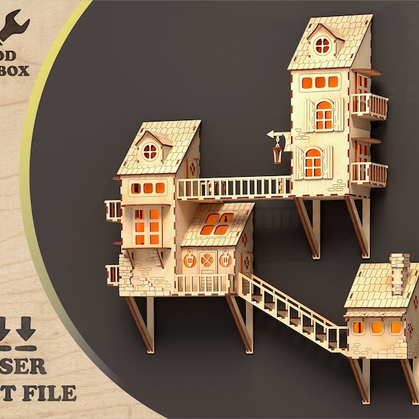 Casa colgante con luces - archivos cortados con láser. Casa del árbol en miniatura, kits de casa modelo de madera dxf corte, edificios MDF 3d, SVG Ai CDR