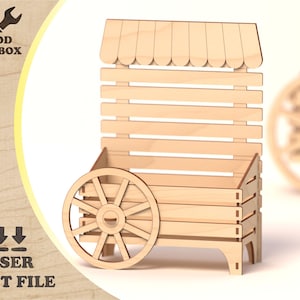 木製カート - キャンディボックス - レーザーカットファイル。MDF の木製バケツ。ポストカードや手紙用のスタンド。SVG DXF Ai CDR ベクターファイル